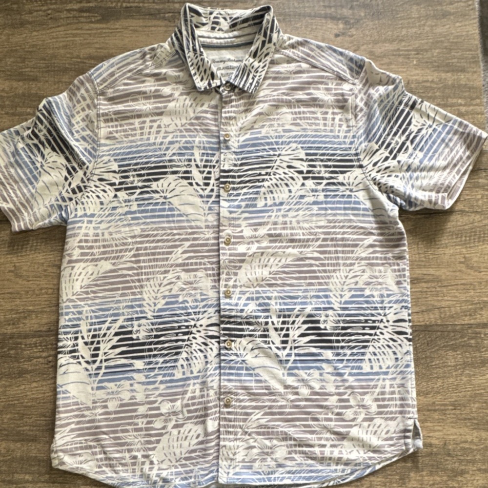Tommy Bahama Men's XL IslandZone Supima Floral Short Sleeve Shirt Gray Blue